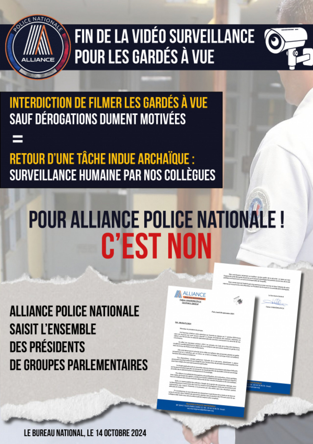 FIN DE LA VIDEOSURVEILLANCE - ALLIANCE SAISIT LES GROUPES PARLEMENTAIRES